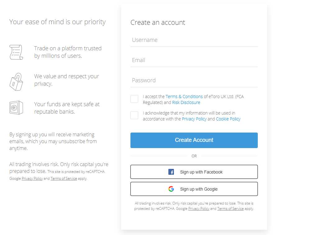 Registration on the eToro trading platform - screenhost