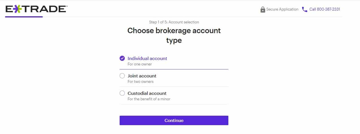 ETrade account sign up step 1 choose account type
