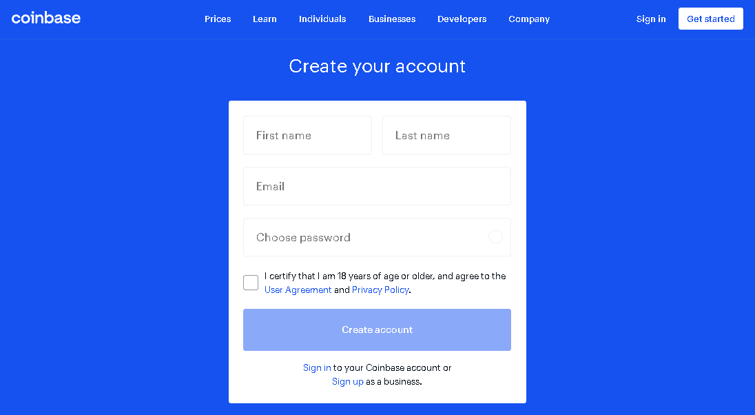 Formularul de înregistrare pe Coinbase