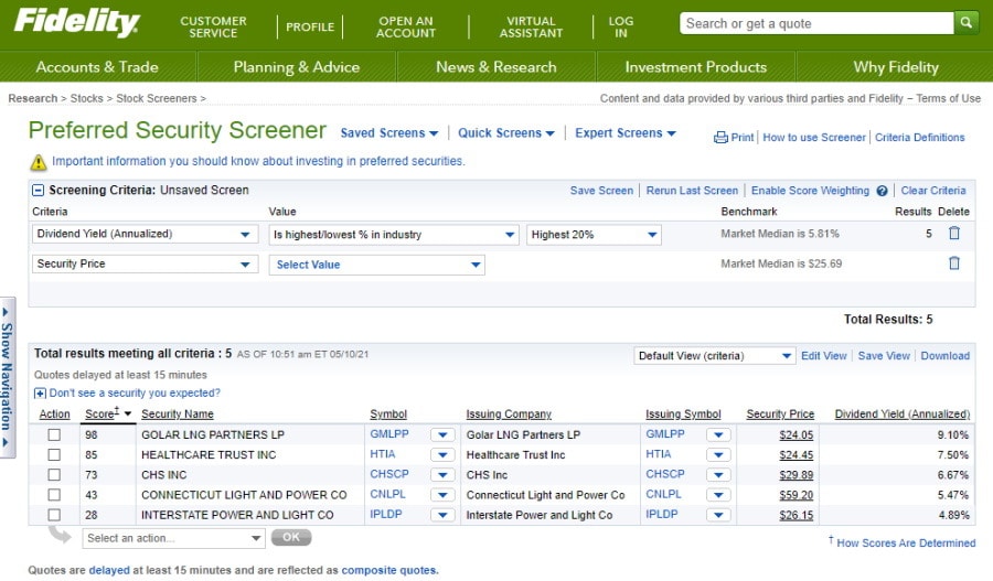 Fidelity screener