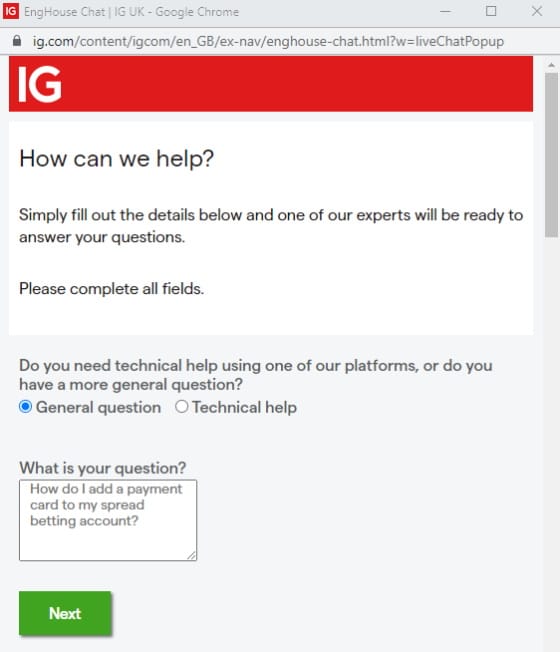 IG customer support live chat