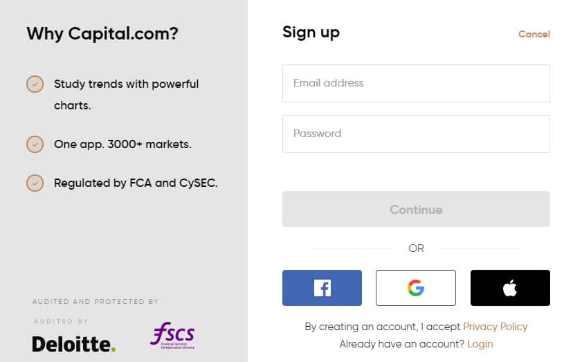 Capital.com opening an account