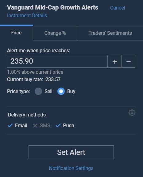 Setting price alerts and push notifications