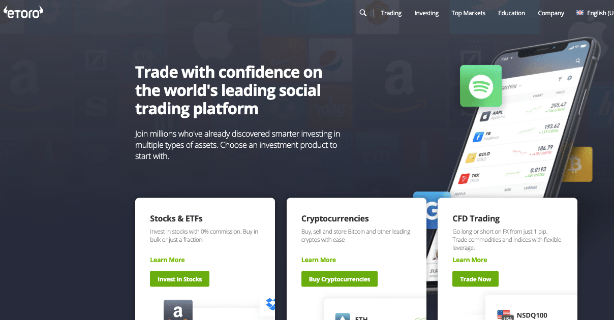 Screenshot platformy eToro pre investovanie do akcií