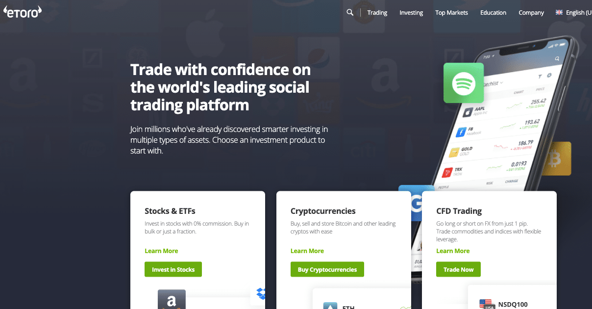 Screenshot of the eToro stock investing platform