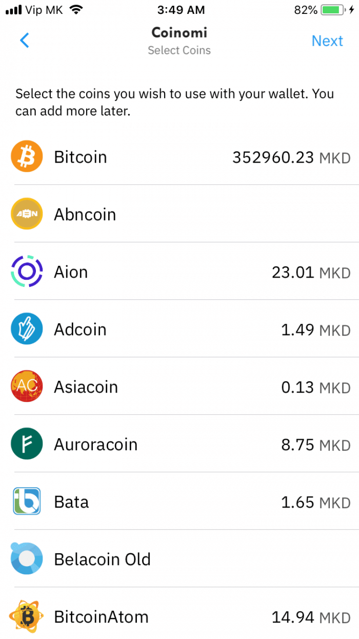 Lista activelor disponibile pe Coinomi