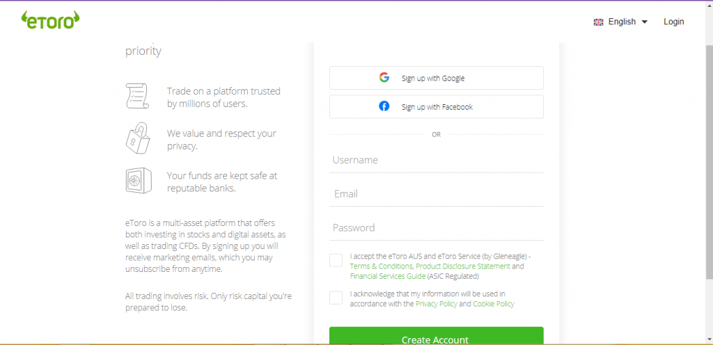 eToro Sign Up Page