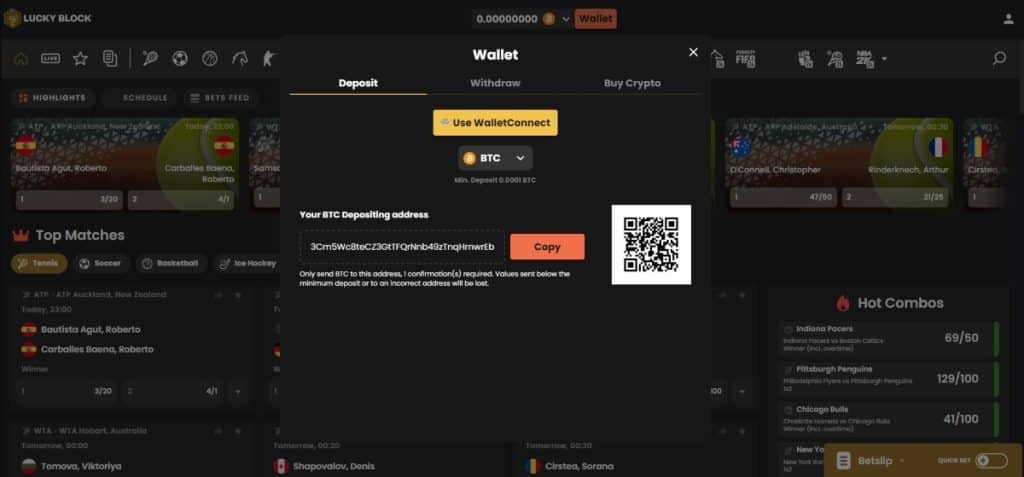 Deposit crypto to fund the Casino balance on Lukcy Blocm casino