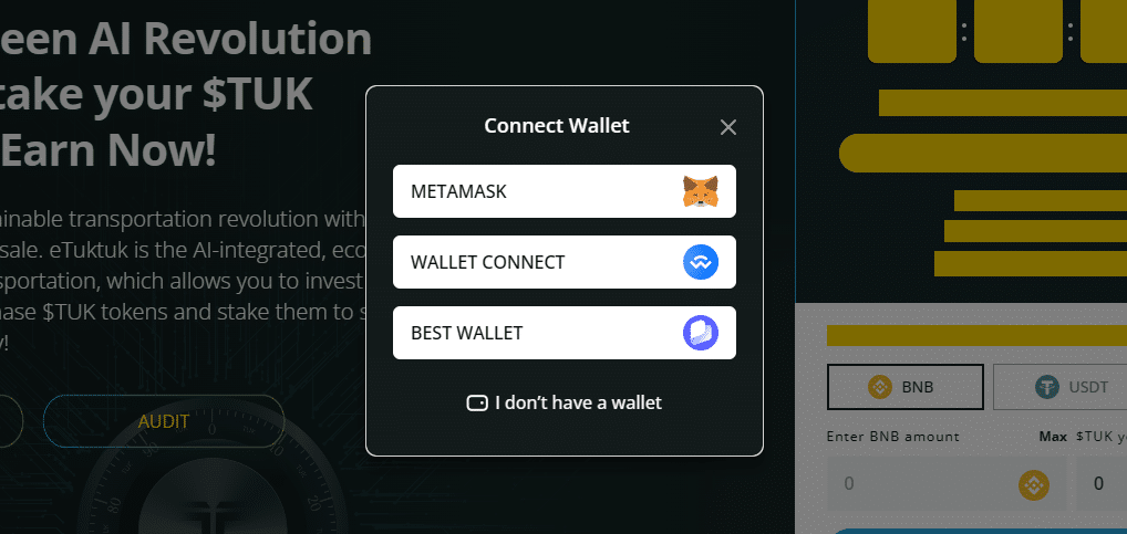 connect wallet to etuktuk presale